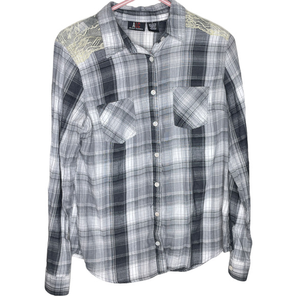 A.L.C Gray Black Plaid Lace Button Down Flannel Shirt Women's Size Small - Picture 1 of 5